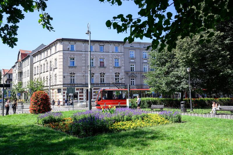 Zielony skwer z tramwajem i odnowionymi kamienicami w centrum